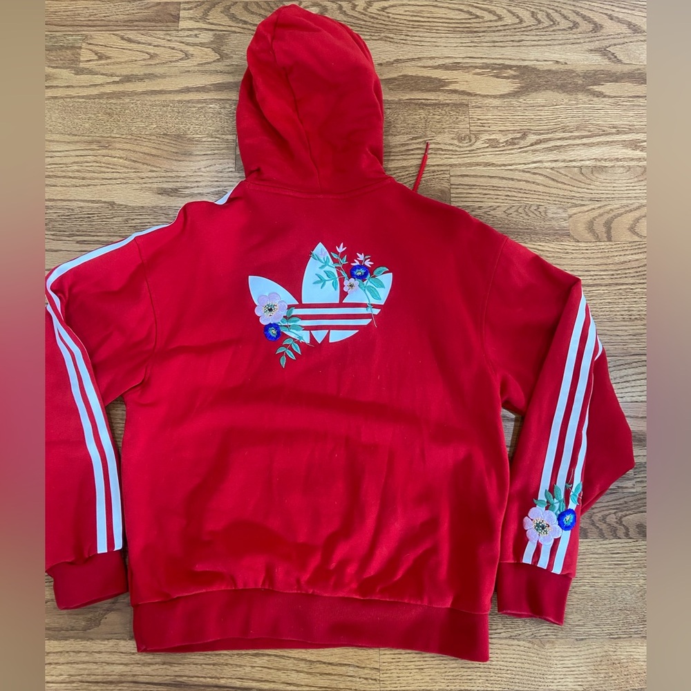 adidas Red Hoodie & sweatpant set with White Trefoil and Floral Embroidery